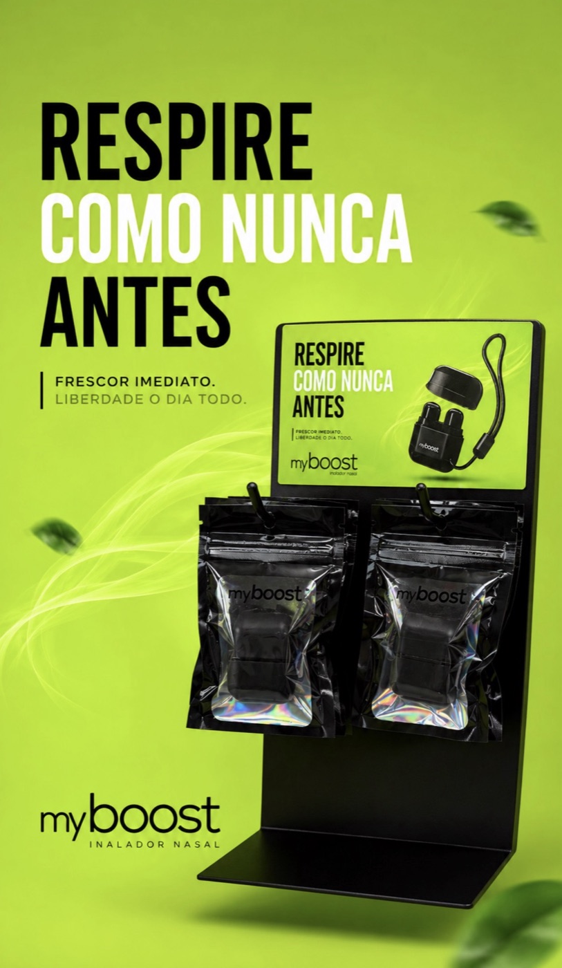 Display de balcão myboost com sachês do inalador nasal e a arte Respire como nunca antes